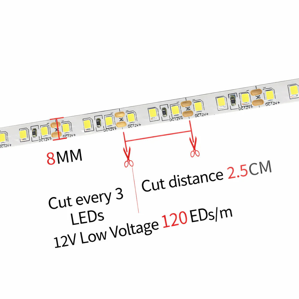 DC12V SMD2835 Single Color LED Strip Light | 5M | 120 LEDs/m | 8mm PCB | High Brightness Low Voltage LED Tape | IP00 / IP67 | Warm White / Natural White / Cool White / Blue / Red / Ice Blue / Golden Yellow | for Mirror, Kitchen Cabinet, Bedroom
