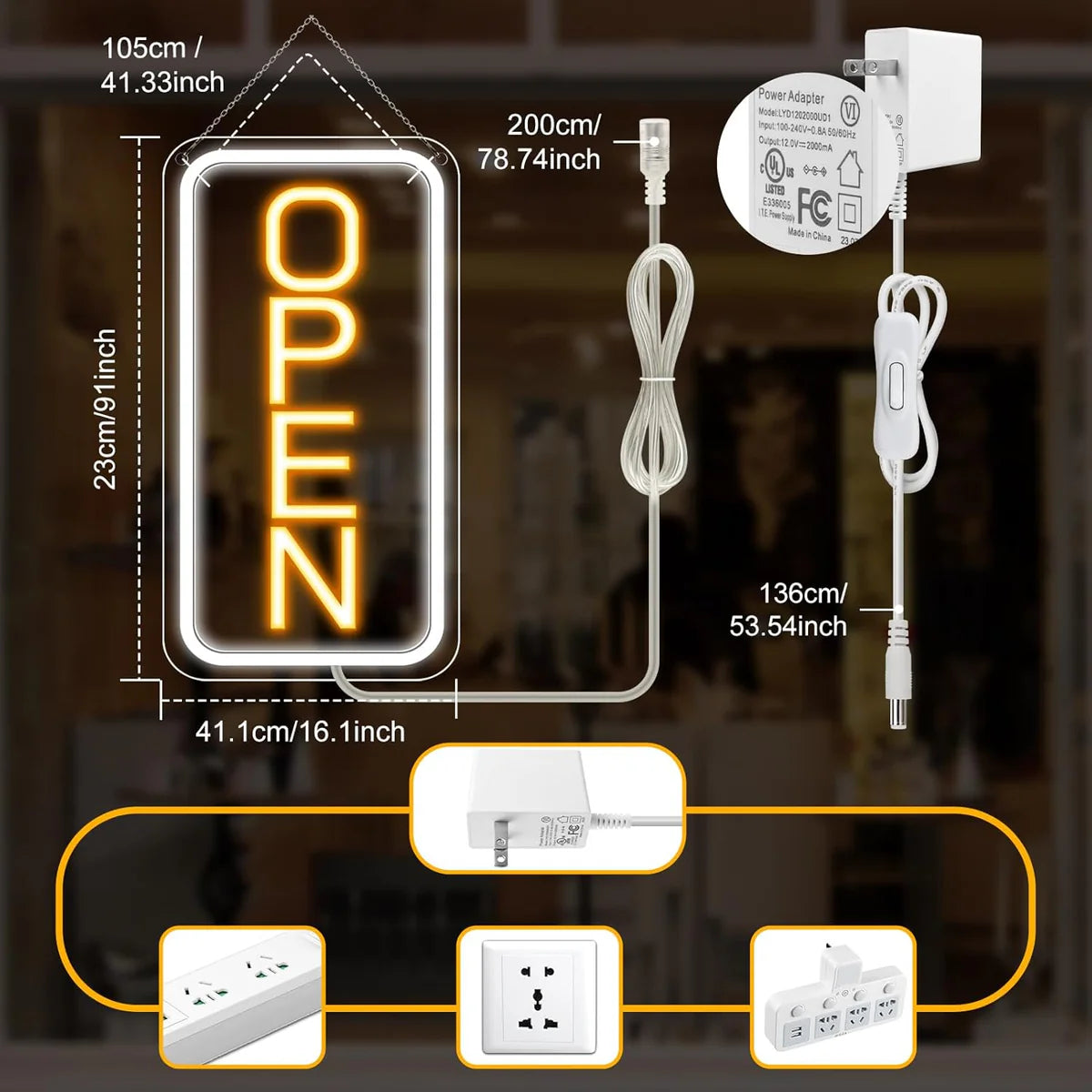 OPEN Neon LED Sign – 5 Glow Color Options | Vertical Rectangular | 16×9 / 23×12 inch | Window Hanging | Plug & Play for Storefronts