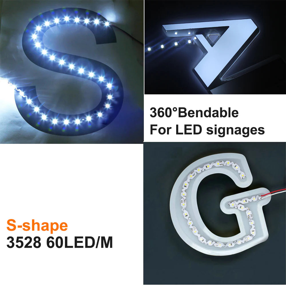 S Shape Bendable SMD2835 LED Strip Light, 5m Roll | 12V DC | 120 LEDs/m | 6W/m | White 3000K / 4000K / 6000K & Colors: Red / Green / Blue / Yellow / Pink | 6mm PCB | Flexible for Curves & Signage