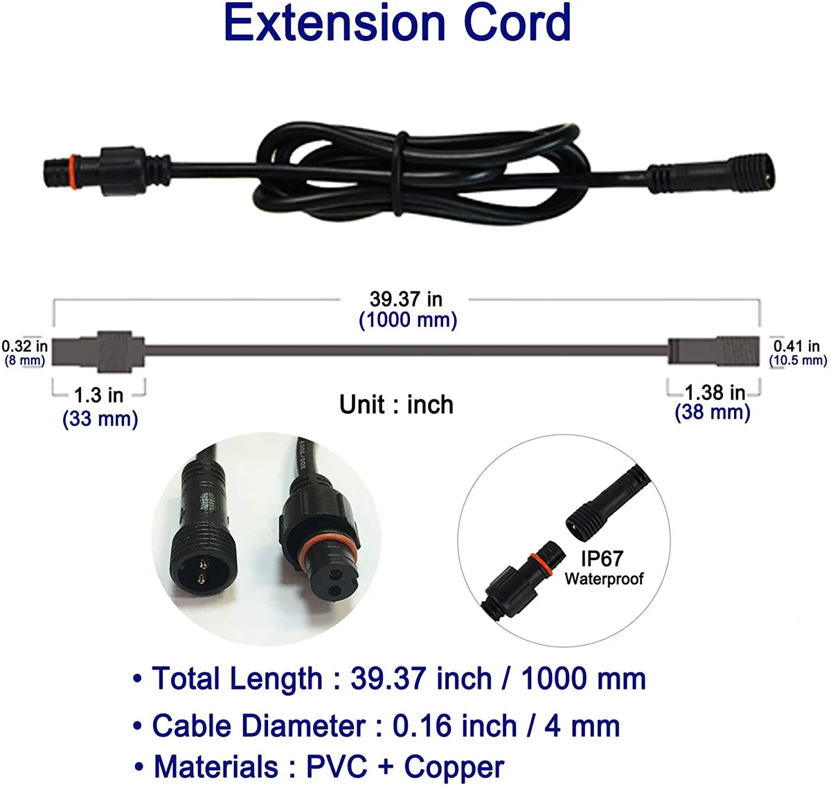 4pcs Pack Extension Cord, 3.28ft 2Pins with Waterproof Male and Female Connector | Copper Core Wire | Lighting Accessories Fittings for LED Inground/Step Stair/Underwater Swimming Pool Lights