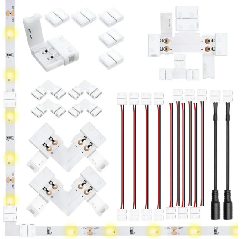 LightingWill LED Strip Connector Kit 10mm 2Pin Solderless Assortment, LED Light Strip Connector Kit Strip to Wire Strip to Strip L T DC Plug Set, Local Stock US UK