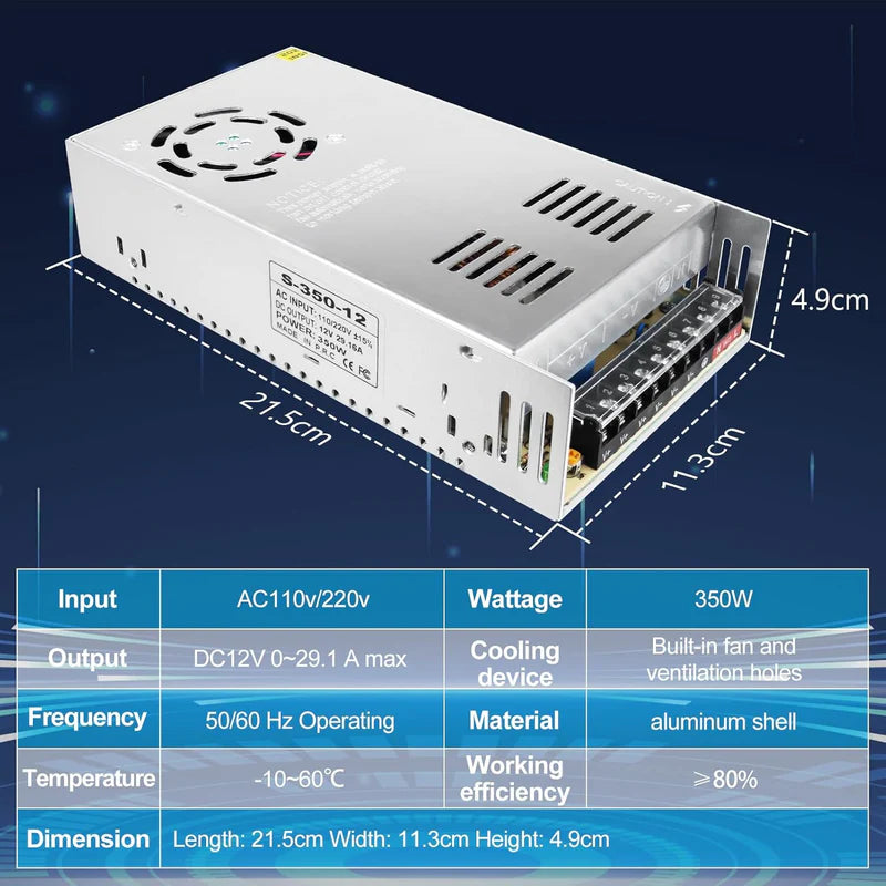 High Power DC 12V 24V 350W–600W Switching Power Supply AC 110 220V Input LED Driver Transformer Metal Case Cooling Fan CE FCC RoHS Certified