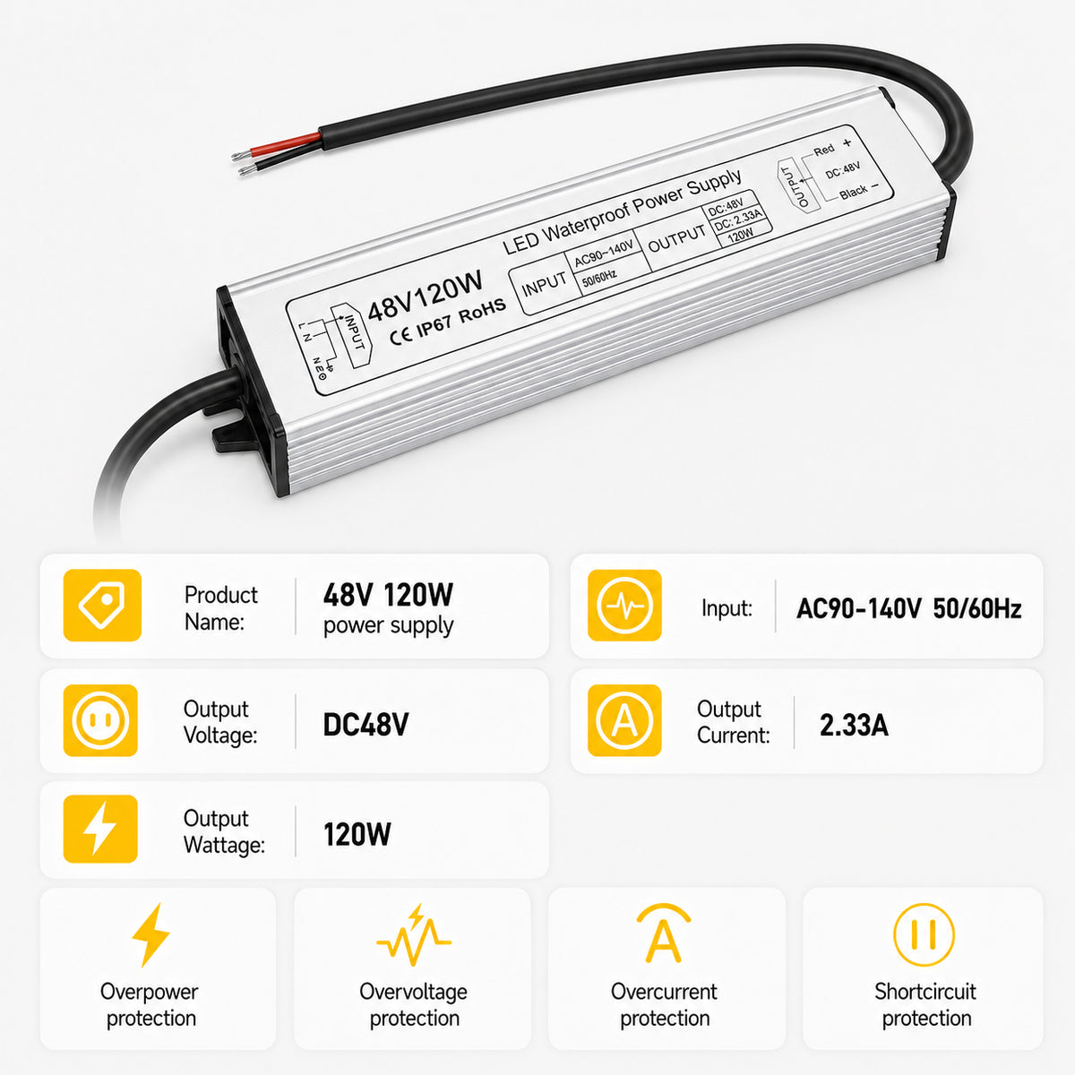 120W 36V/48V Waterproof LED Power Supply, 175-265V Input, Single Output, Aluminum Housing, Outdoor LED Lighting Driver, CE/RoHS/FCC Certified, UK/EU Plug