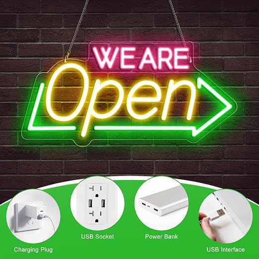 WE ARE OPEN Silicone LED shop signs – USB Powered | 16.1×7.8 inch | Arrow Shape LED Window Sign |  Yellow + Red + Green Glow for Cafes, Restaurants & Retail Shops