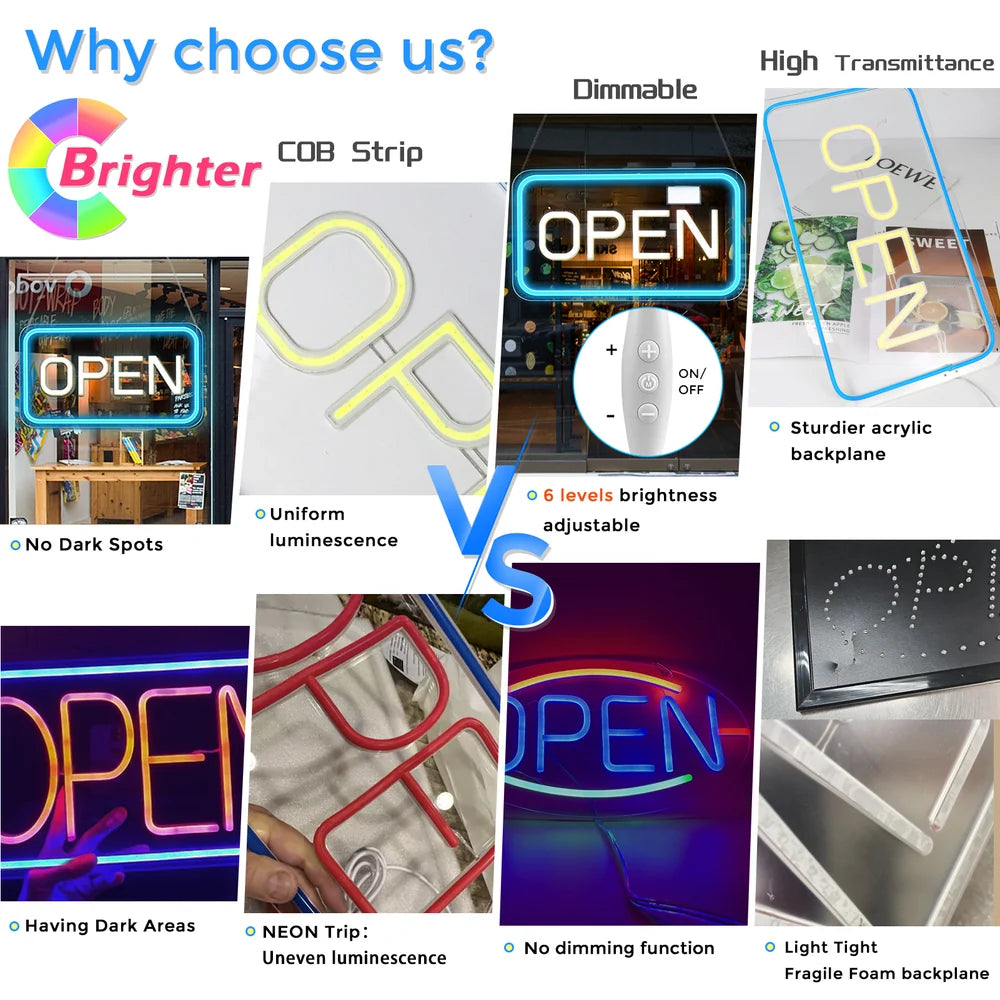 OPEN Neon Sign – 6 Color Options | USB Powered | 16×9 inch (44×24 cm) | LED Window Hanging Light for Storefronts