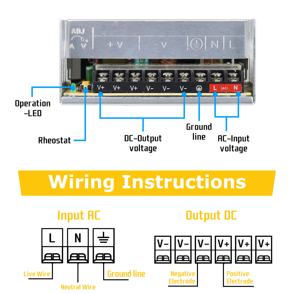 DC 24V LED Switching Power Supply 350W–600W, AC 110/220V Input, High Power LED Driver Transformer, Cooling Fan Metal Case, CE/FCC/RoHS Certified