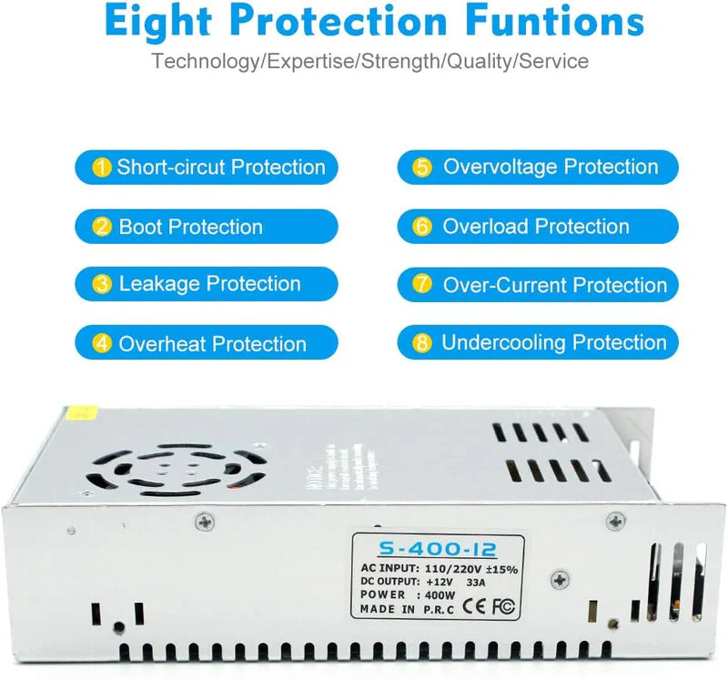 High Power DC 12V/24V 300W–600W Switching Power Supply, AC 110/220V Input, LED Driver Transformer, Metal Case with Cooling Fan, CE/FCC/RoHS Certified
