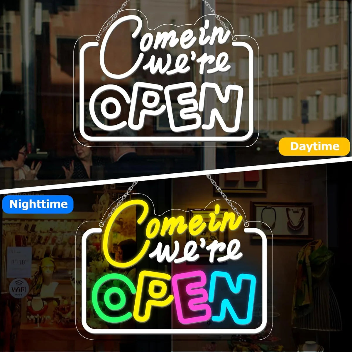 Come in We’re Open Neon Sign – Multicolor Glow | 15.7×11.8 inch (40×30 cm) | Window Hanging Business Sign | Plug & Play