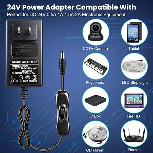 DC 24V Plug-in LED Adapter with On/Off Switch, 72W, US Plug, Black Housing, 100–240V AC Input - Power Supply for High Power LED Strip Lights and Decorative Lighting