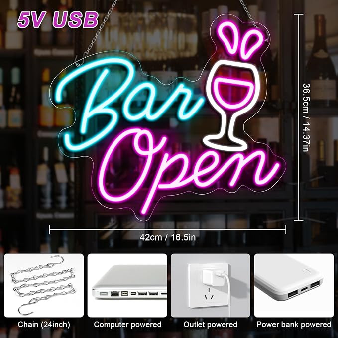 BAR OPEN Silicone LED Shop Sign – 16.5×14.3 Inch | 5V USB Powered Dimmable Commercial LED Sign | White + Pink + Blue Glow with Wine Glass Design | Window Hanging Business Sign for Bars, Restaurants, Cafes & Hospitality Spaces