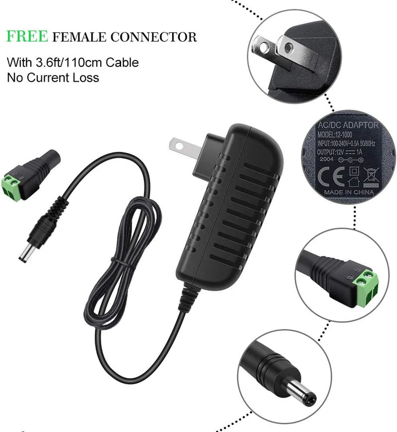 Power Supply Adapter DC 12V 12W–24W, AC 100–240V Wall Plug Transformer with US/UK Plug, Black Case LED Driver for LED Strip Lights, CCTV, Electronics