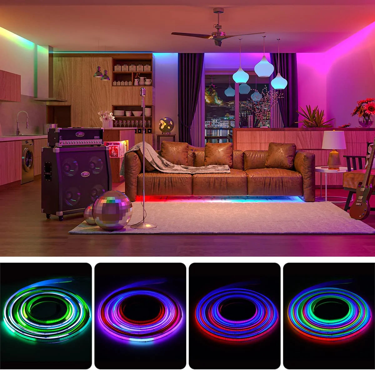 RGBIC Addressable COB LED Strip Light 12V/24V 576/720LEDs/M, 10mm Flexible Dot-Free LED Tape, Non-Waterproof, Dream Color SP for Cabinet Kitchen & Office Lighting, 5M/10M Pack / Complete Kit