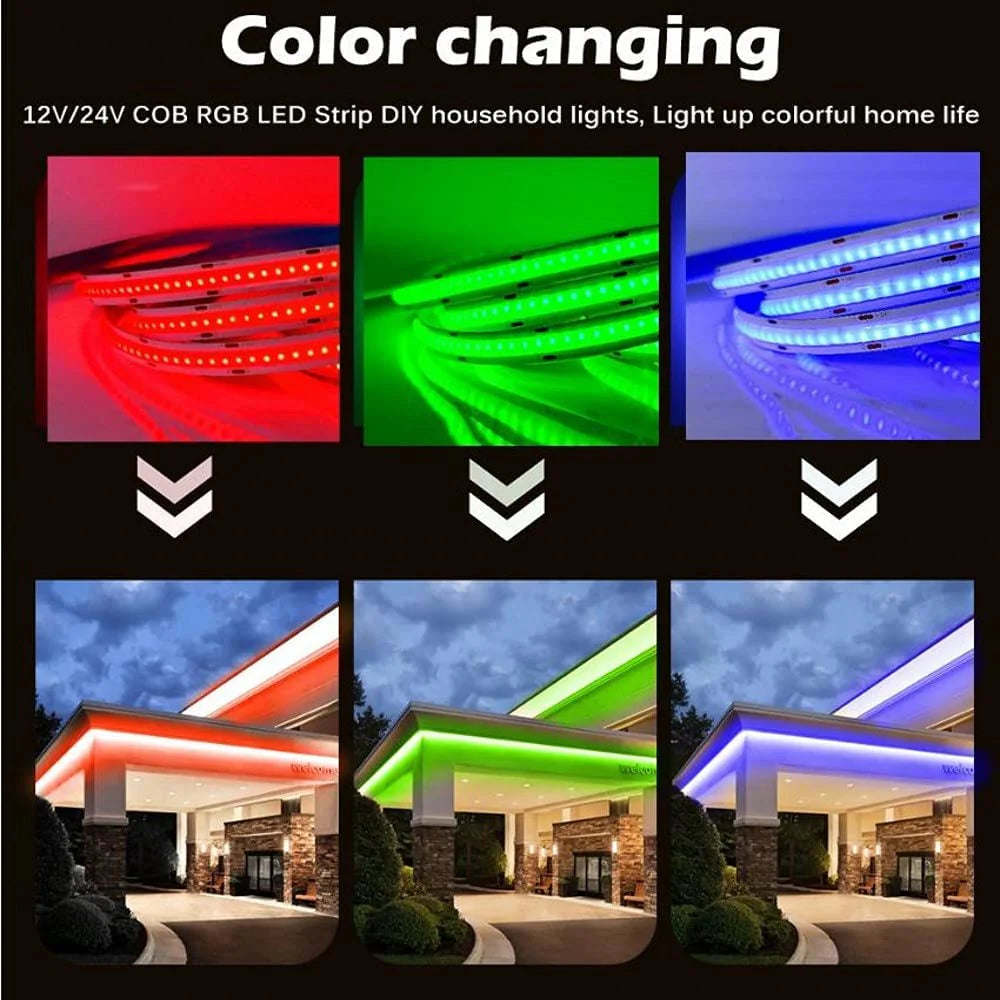 RGBW / RGBWW / RGBCCT COB LED Strip Light 12V/24V 756LEDs/M, 12mm Flexible Dot-Free LED Tape, Non-Waterproof, RGB Color Changing for Cabinet Kitchen & Office Lighting, 5M/10M Pack / Complete Kit