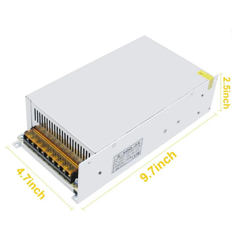 High Power DC 12V/24V 300W–600W Switching Power Supply, AC 110/220V Input, LED Driver Transformer, Metal Case with Cooling Fan, CE/FCC/RoHS Certified