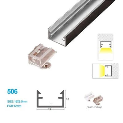 Silver 506-B 19 × 8.5mm LED Aluminum Channel, 12mm Inner Width, with Milky White Cover & Installation Accessories