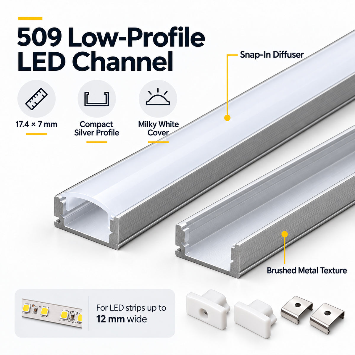 Silver 509-B 17.4 × 7mm Wall-Mount LED Aluminum Channel, 12mm Inner Width, with Milky White Cover & Installation Accessories