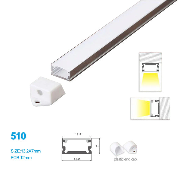 Silver 510-B 13.2 × 7mm LED Aluminum Channel, 12mm Inner Width, with Milky White Cover & Installation Accessories