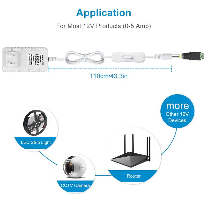 Power Supply Adapter DC 12V with On/Off Switch, 12W–36W Options, AC 100–240V Wall Plug Charger with US Plug, Black/White Housing for LED Strip Lights, Electronics