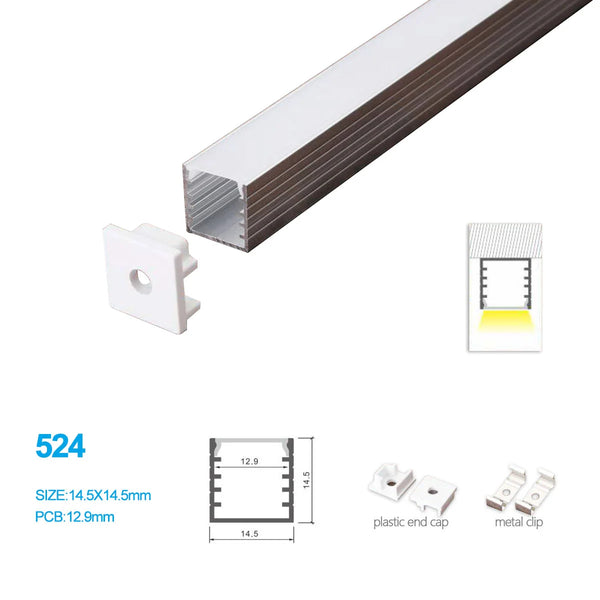 Silver 524-B 14.5 × 14.5mm LED Aluminum Channel, 12.9mm Inner Width, with Milky White Cover & Installation Accessories