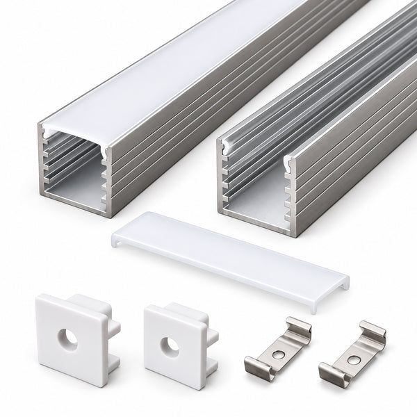 Silver 524-B 14.5 × 14.5mm LED Aluminum Channel, 12.9mm Inner Width, with Milky White Cover & Installation Accessories