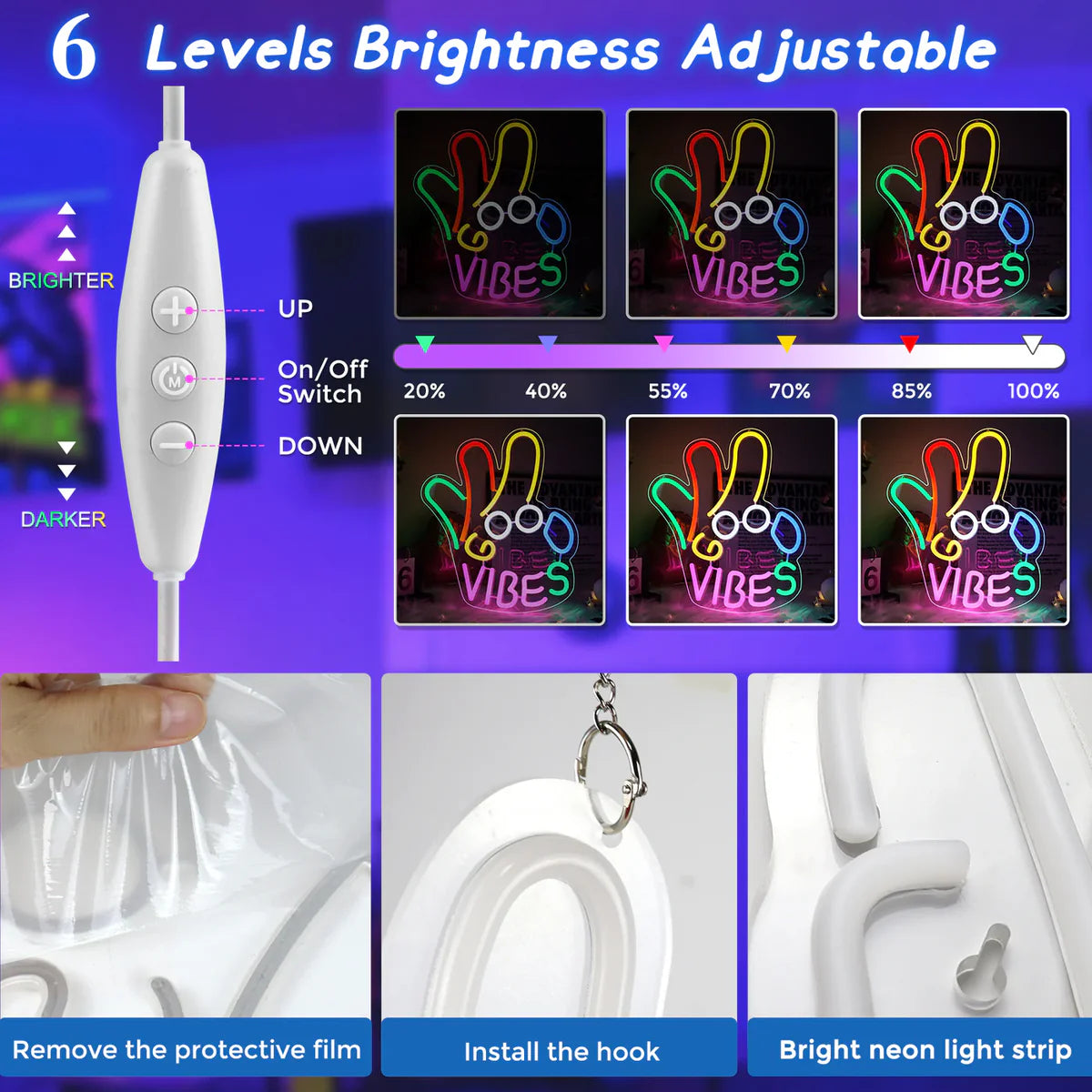 Good Vibes LED Sign – OK Hand Sign | USB Neon Light for Wall Decor | 17×13 inch | Hanging | Ideal for Bedroom, Dorm, Lounge, Party