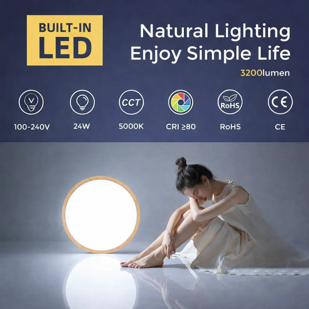 12 Inch 24W Wood Grain Round Ceiling Light – AC 220–240V | 3000K / 4500K / 5000K / 6500K | Flush Mount Ceiling Light for Warm Natural Lighting | 1-Pack – Local Stock (UK/DE)