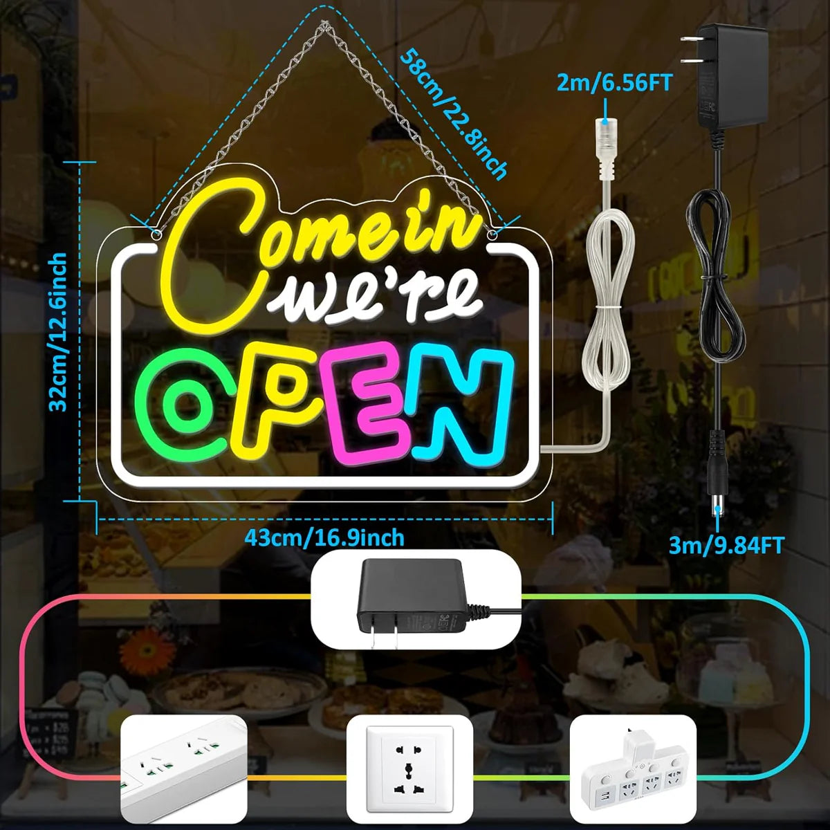 Come in We’re Open Neon Sign – Multicolor Glow | 15.7×11.8 inch (40×30 cm) | Window Hanging Business Sign | Plug & Play