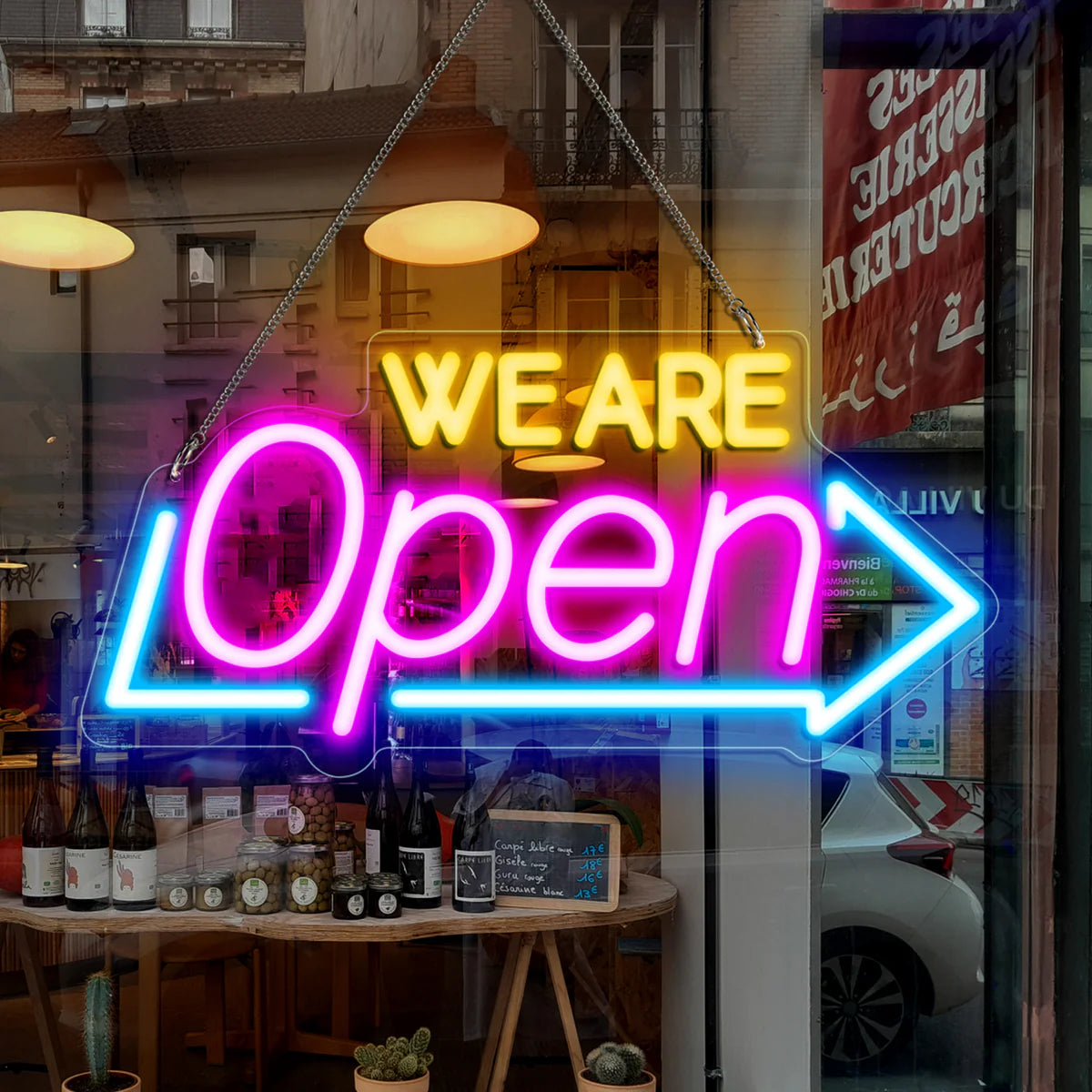 WE ARE OPEN Neon Sign – Arrow Shape LED Window Sign | USB Powered | 16×8 inch (41×20 cm) | 3 Color Combos for Storefront Display