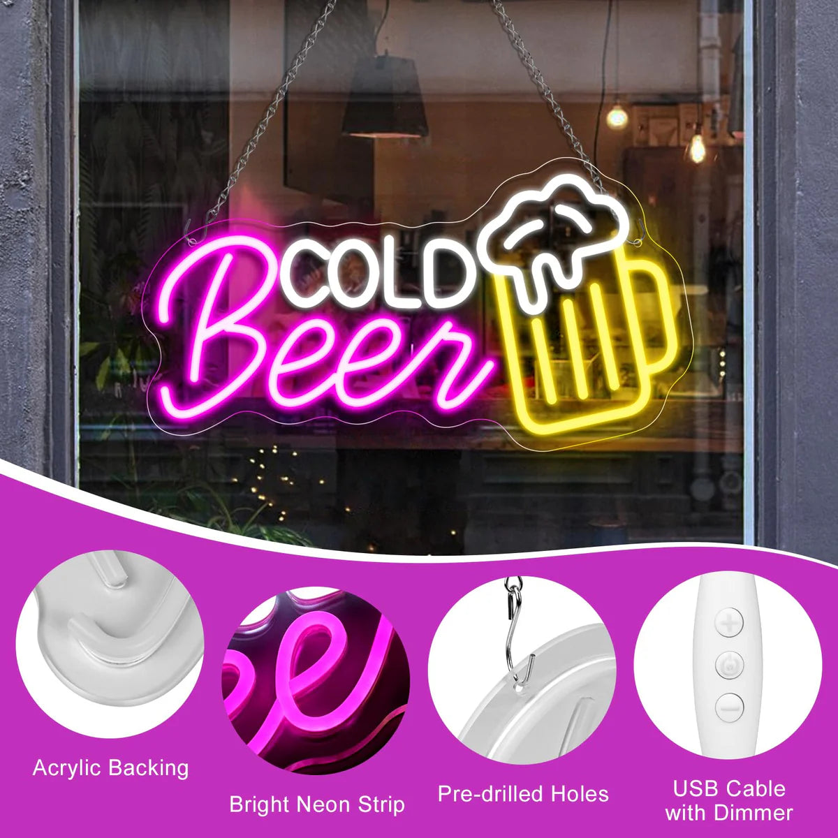 Cold Beer LED Sign – Multi-Color Glow | 16.5 × 8.8 inch | USB Powered | Hanging | Ideal for Bar, Pub, Lounge, Nightclub, Party Mood Lighting