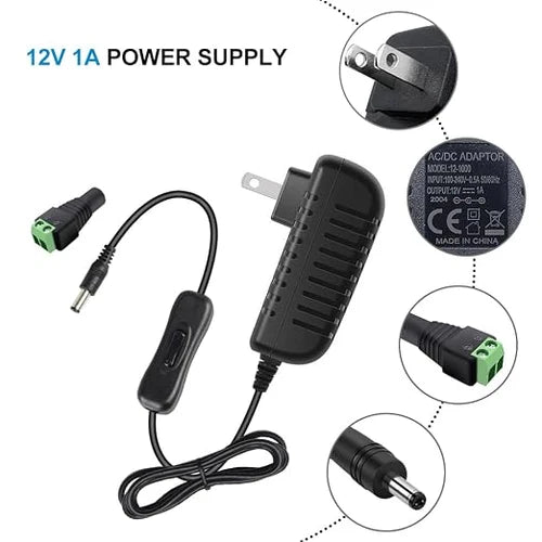 DC 12V Plug-in LED Adapter with On/Off Switch, 12W, US Plug, Black Housing, 100–240V AC Input - Power Supply for LED Strip Lights, Under Cabinet Lighting and Home Lighting