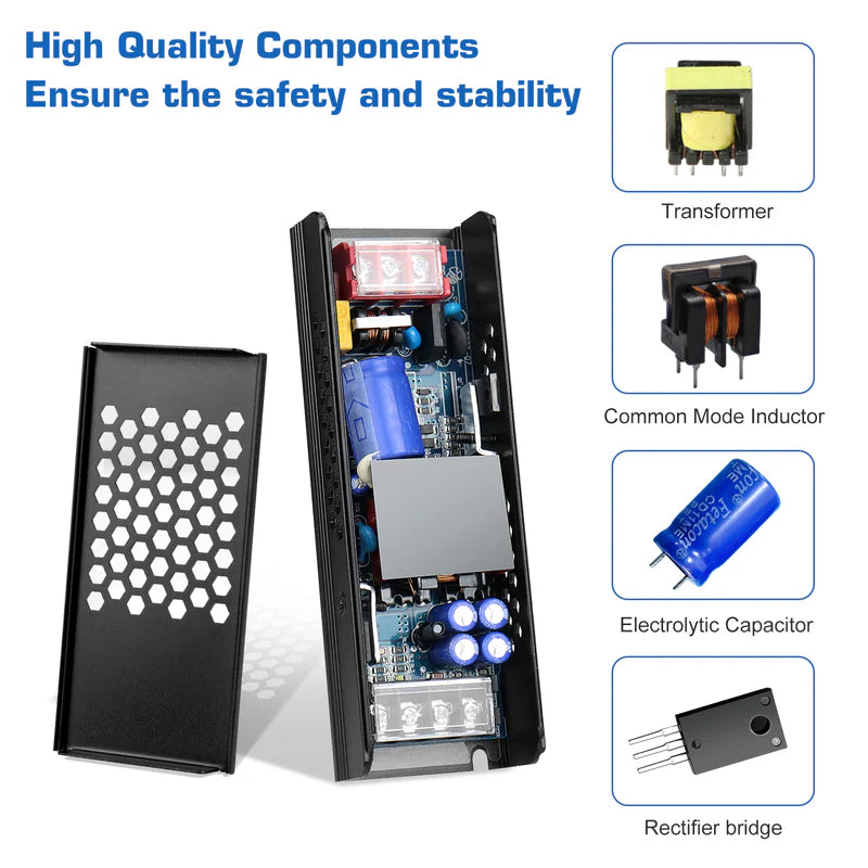 Slim Black DC 12V/24V 36W–200W Switching Power Supply, AC 110–250V Input, Narrow Type LED Transformer, Compact Metal Housing, CE/FCC/RoHS Certified