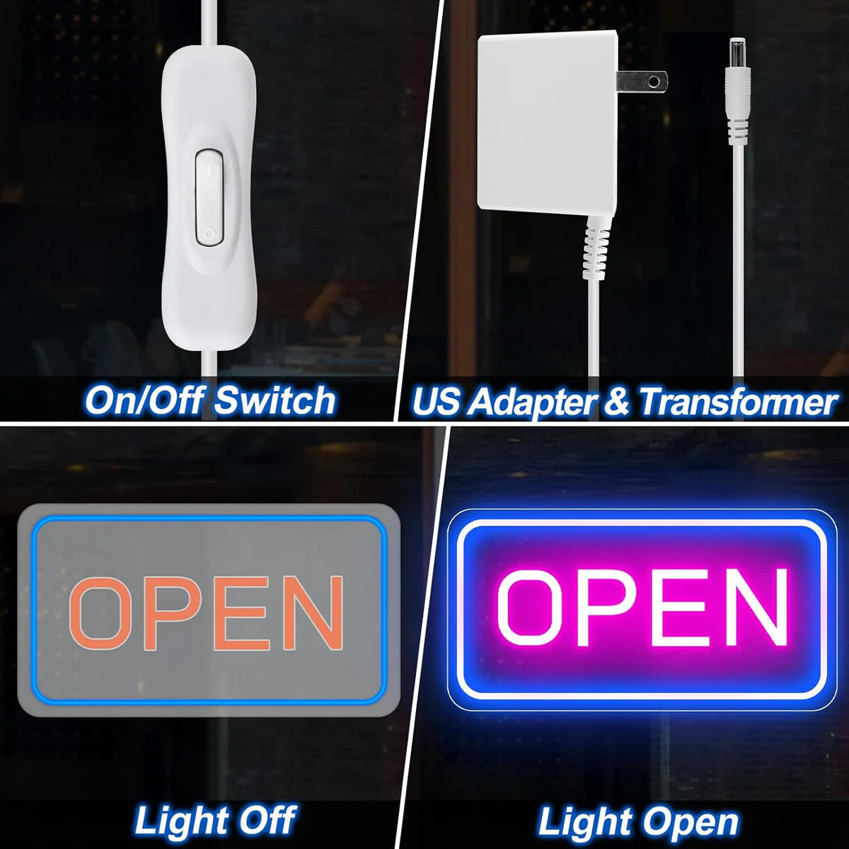 OPEN LED Neon Sign – 4 Glow Color Options | Rectangular | 16×9 / 23×12 inch | Window Hanging | Plug & Play for Storefronts