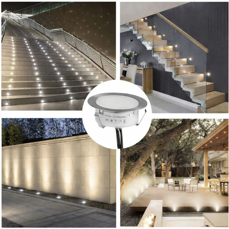 6-Pack Recessed LED Deck Lights – 1.5W Each | Warm White / Natural White  | AC100–265V Input with Power Adapter | US / EU / UK / AU Plug Options | IP67 Waterproof Inground Step Lights Kit for Deck, Garden, Yard, Stairs & Pathway Lighting