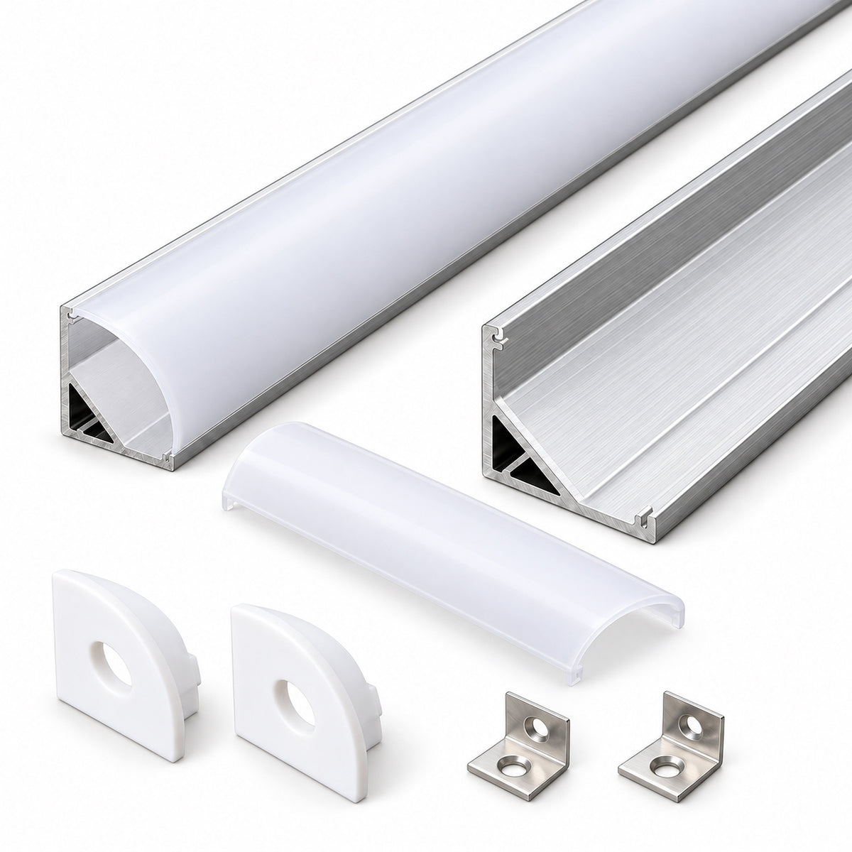 Silver 601-B 15.8 × 15.8mm Mini V-Shape LED Aluminum Channel, 10mm Inner Width, with Milky White Cover & Installation Accessories