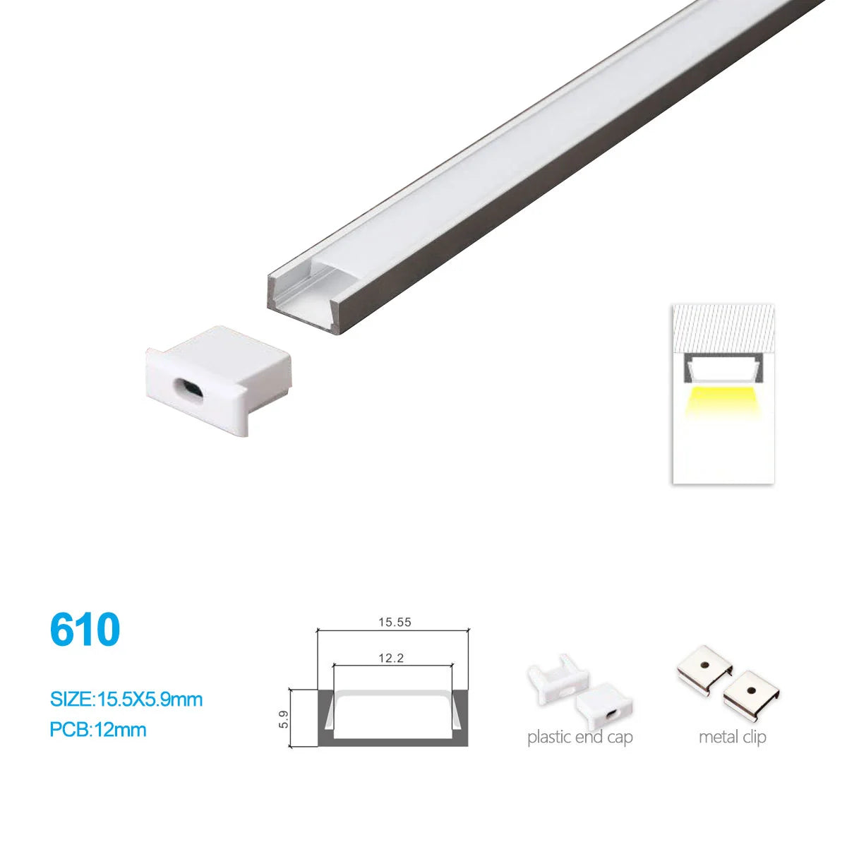 Silver 610-B 15.5 × 5.9mm LED Aluminum Channel, 12mm Inner Width, with Milky White Cover & Installation Accessories