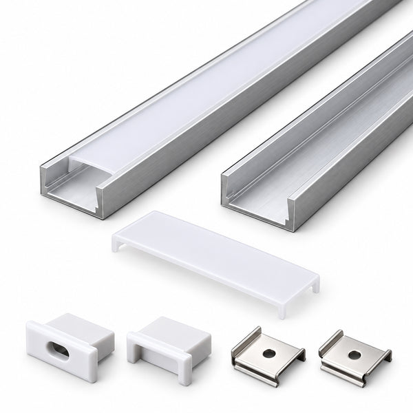 Silver 610-B 15.5 × 5.9mm LED Aluminum Channel, 12mm Inner Width, with Milky White Cover & Installation Accessories