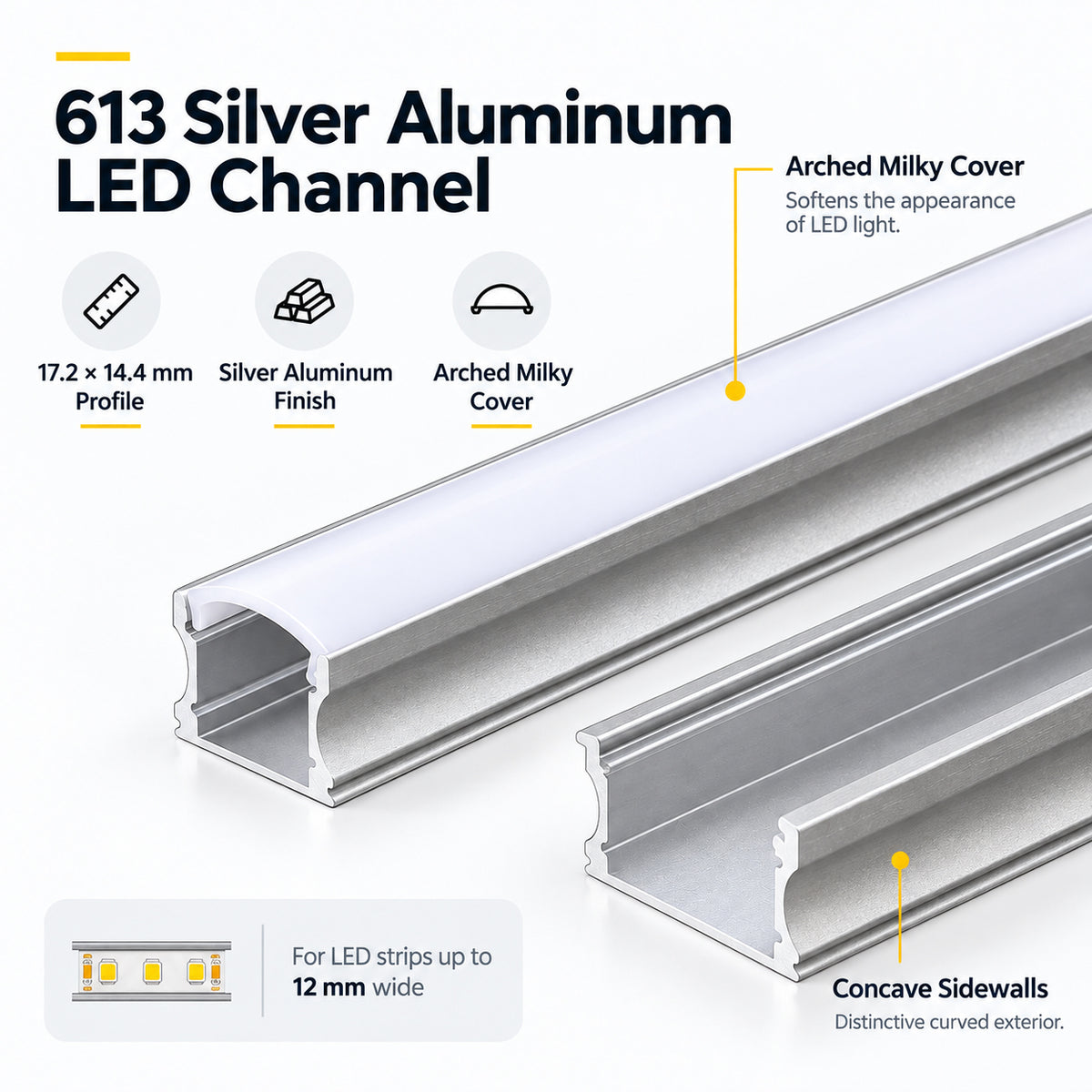 Silver 613-B 17.2 × 14.4mm Mini Square Trimless Surface-Mount LED Aluminum Channel, 10mm Inner Width, with Milky White Cover & Installation Accessories