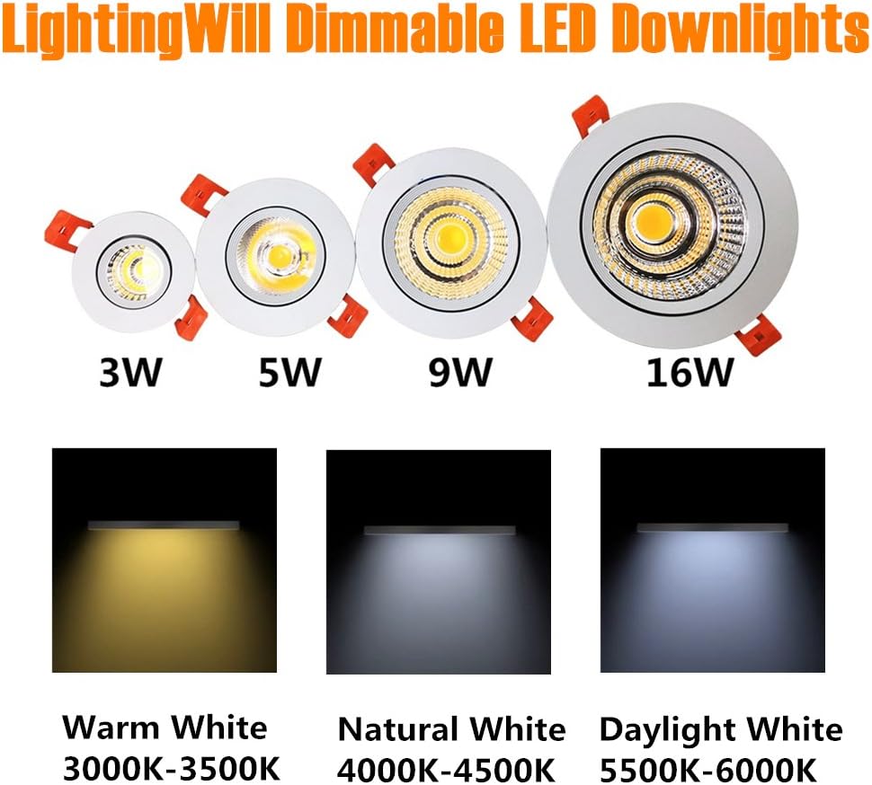 LightingWill 2.5inch LED Dimmable Downlight, 5W COB Recessed Ceiling Light, Warm White 3000K-3500K, CRI>80, 50W 387LM Halogen Bulbs Equivalent, White (1 Pack)