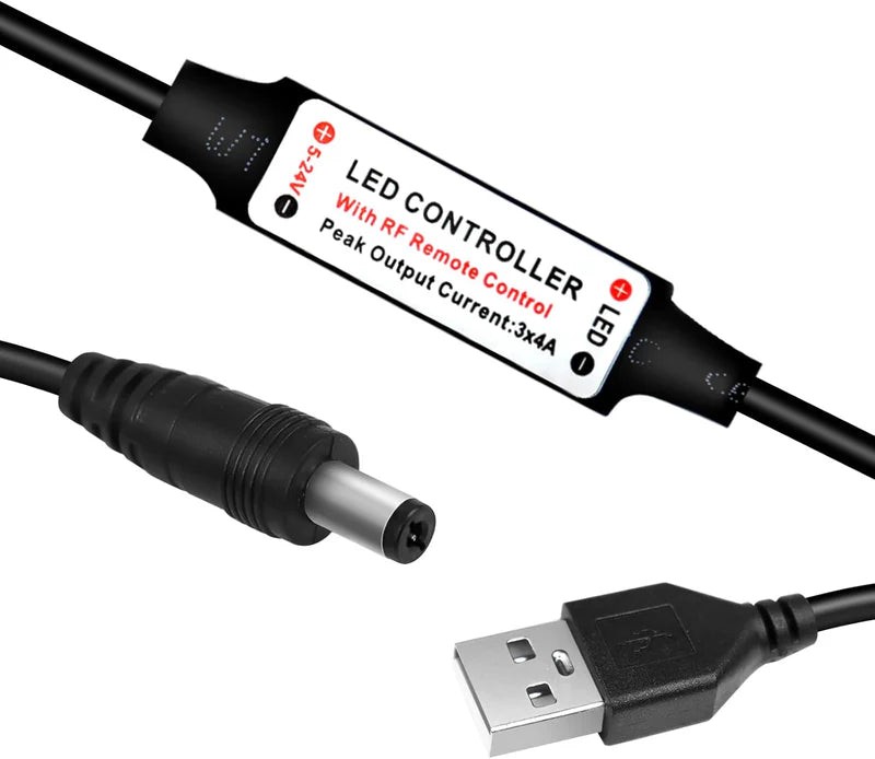 LightingWill LED Strip Controller DC5V-24V RF Remote Dimmer Black Wireless LED Controller for Single Color 5050 3528 LED Strips