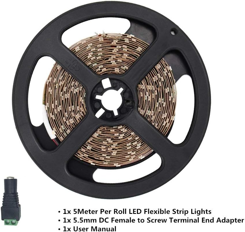 LightingWill LED Strip Light CRI90 SMD3528 16.4Ft(5M) 300LEDs Daylight White 5000K-6000K 60LEDs/M DC12V 24W 4.8W/M 8mm White PCB Flexible Ribbon Strip with Adhesive Tape Non-Waterproof H3528PW300N