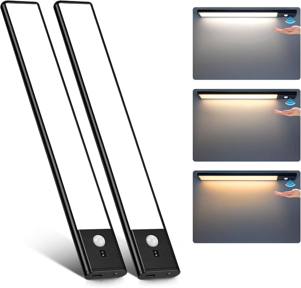 LightingWill Rechargeable Under Cabinet Light 2 Pack 9” / 12”, 3CCT 3000K/4000K/6000K LED Cabinet Light, Motion Sensor and Touch Dimming, Magnetic Mount for Cabinet Lighting, Silver or Black Finish
