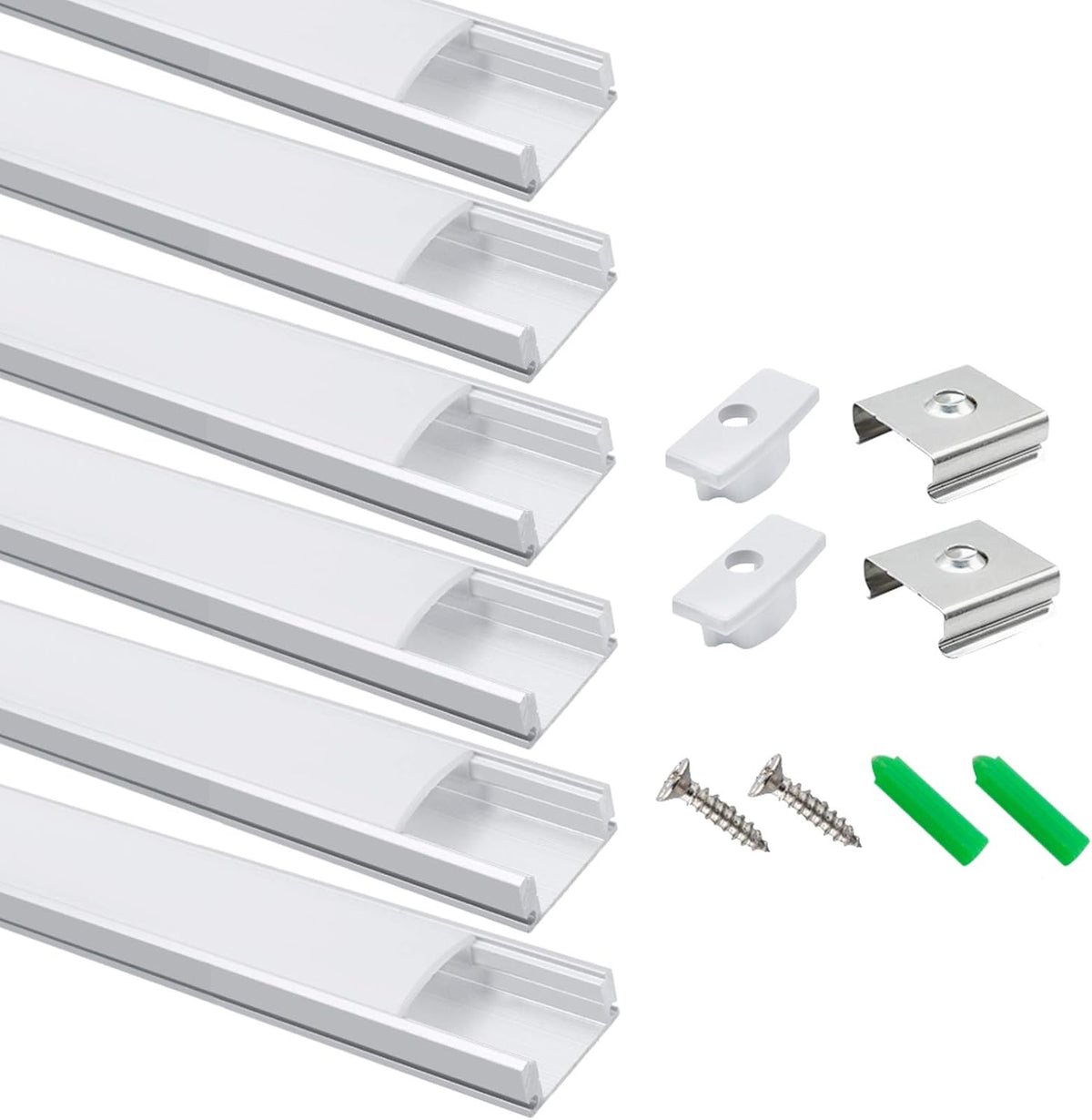 LightingWill 6-Pack 3.3ft/1M Silver U-Shape LED Aluminum Channel System with Cover, End Caps and Mounting Clips Aluminum Profile for LED Strip Light Installations-U02S6