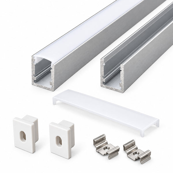 Silver 624-B 10 × 13mm Mini Square Trimless Surface-Mount LED Aluminum Channel, 8mm Inner Width, with Milky White Cover & Installation Accessories