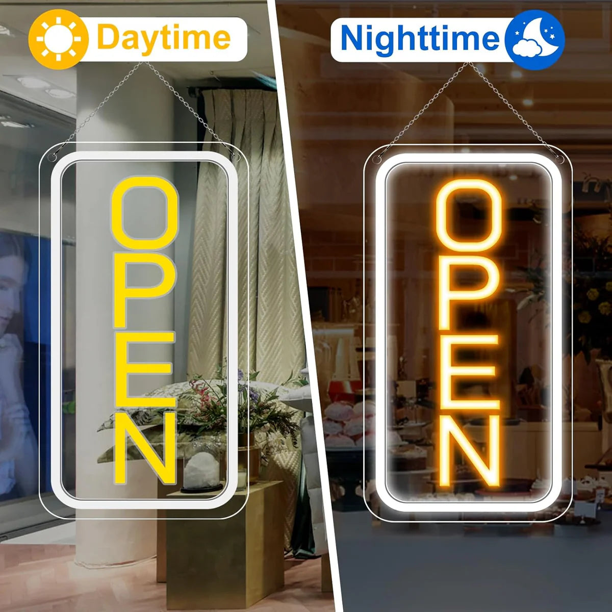 OPEN Neon LED Sign – 5 Glow Color Options | Vertical Rectangular | 16×9 / 23×12 inch | Window Hanging | Plug & Play for Storefronts