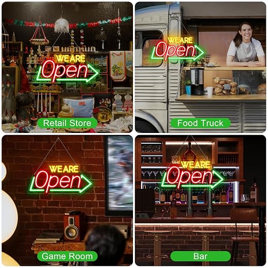 WE ARE OPEN Integrated LED shop signs – USB Powered | 16.1×7.8 inch | Arrow Shape LED Window Sign |  Yellow + Red + Green Glow for Cafes, Restaurants & Retail Shops
