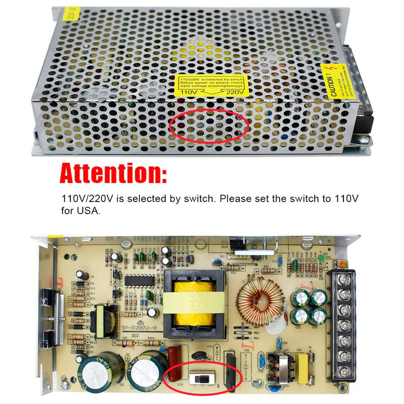 DC 12V/24V 60W–250W Switching Power Supply, AC 110/220V Input, Constant Voltage LED Driver Transformer, Metal Case with Screw Terminals, CE/FCC/RoHS Certified