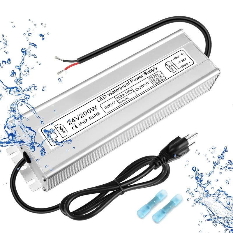 24V Waterproof LED Transformer – 200W–500W Outdoor LED Driver, 90–140V AC Input, Single or Dual Wire Output, CE/RoHS/FCC Certified, US Plug & Wire Lead Options