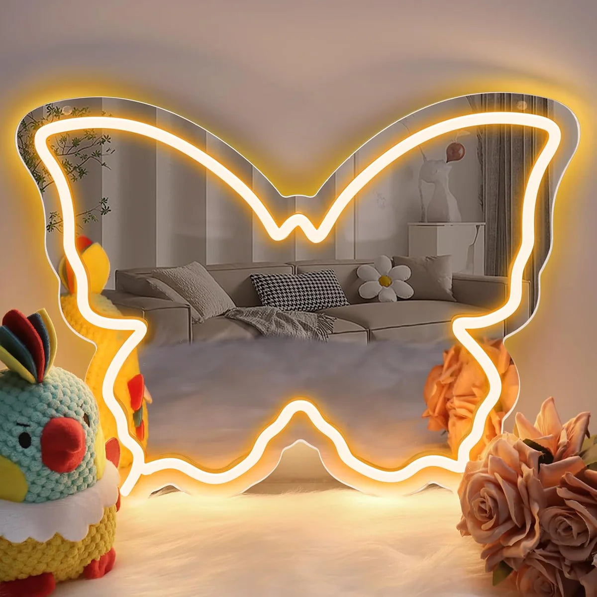 Butterfly Mirror Vanity Sign – Blue/Ice Blue/Pink/Purple/Warm White Neon Outline | 15.7×12 inch | USB Powered | Perfect for Vanity Decor