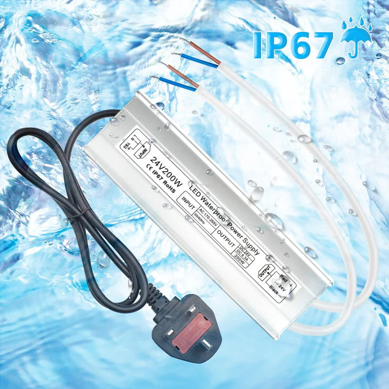 24V Waterproof LED Driver – 200W–500W Outdoor Power Adapter, 175–265V AC Input, Single or Dual Wire Output, CE/RoHS/FCC Certified, UK/EU Plug & Wire Lead Options