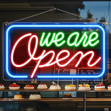 We Are Open Silicone LED shop signs – 4 Glow Options 16.5 × 9 inch Window Hanging Plug & Play Store Windows Entrances & Retail Displays